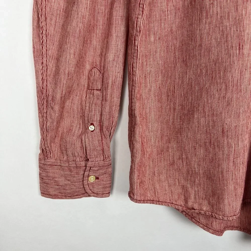 J. Crew Shirt Men's Size M Red Cream Striped Linen Blend Long Sleeve Button Down